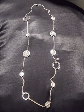 Silver Layering Chain Necklace Filigree Mandalas & Pave Discs 38”